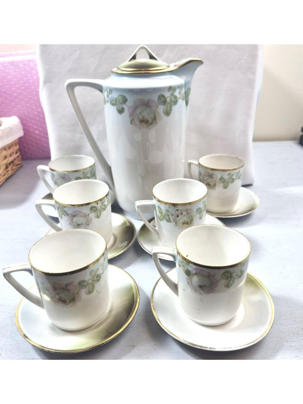 Three Crown China Germany Coffee Set Pink Roses 13 pc Pot 6 cups & saucers